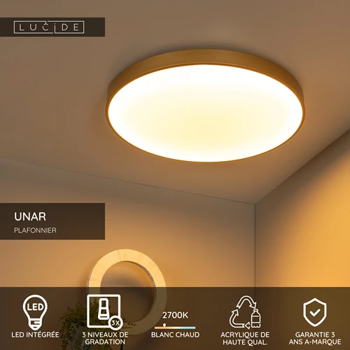 Lucide UNAR - Plafonnier - Ø 60 cm - LED 3 StepDim - 1x60W 2700K - Or Mat / Laiton - USP